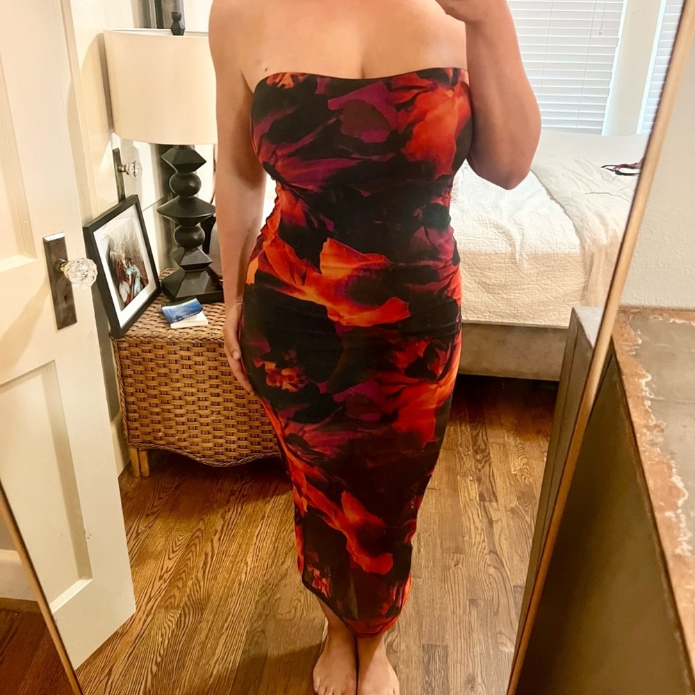 Strapless Floral Midi Dress in Red and Black